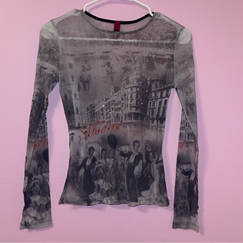 Vintage 90s Y2K euro mesh grunge just in time top blouse renaissance graphic art